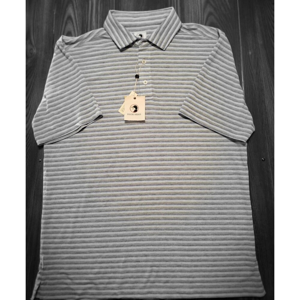 NWT Duck Head Polo Golf Shirt Blue & Gray Striped Performance Stretch Men's L